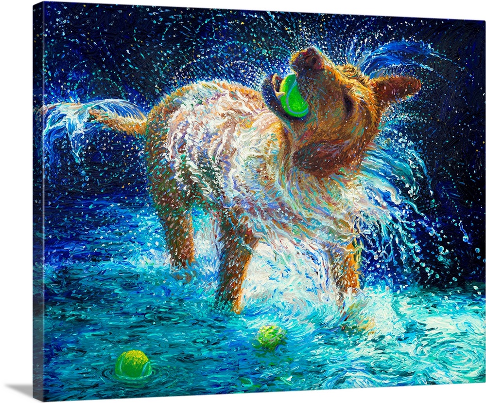 Brightly colored contemporary artwork of a dog with three tennis balls.