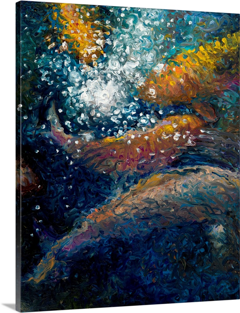 Brightly colored contemporary artwork of a polyptych painting of fish in water.