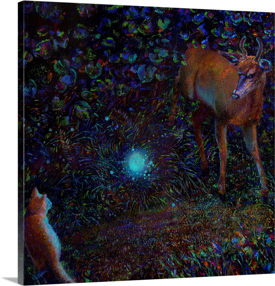Brightly colored contemporary artwork of a deer and a cat watching an orb.