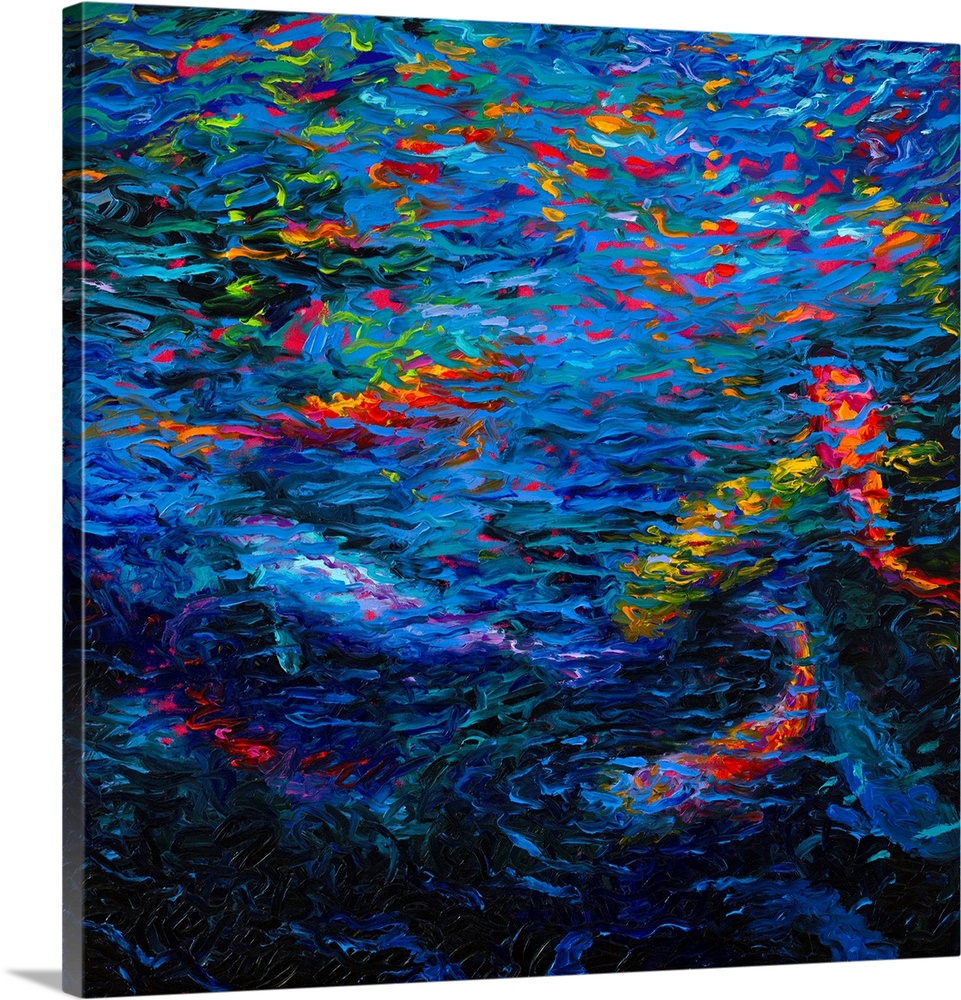 Brightly colored contemporary artwork of a koi fish in water.