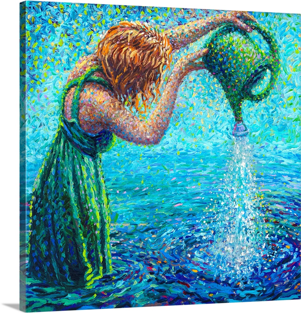 Brightly colored contemporary artwork of a woman pouring water into a lake.