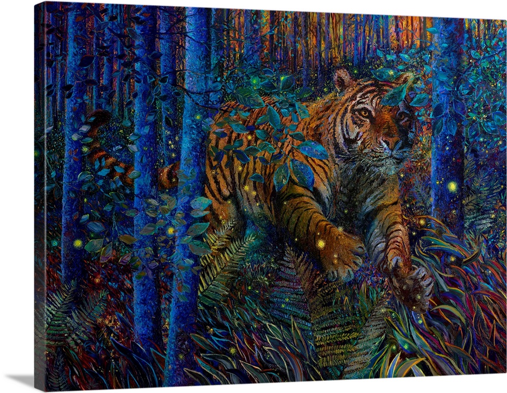 Brightly colored contemporary artwork of a tiger running through the trees.