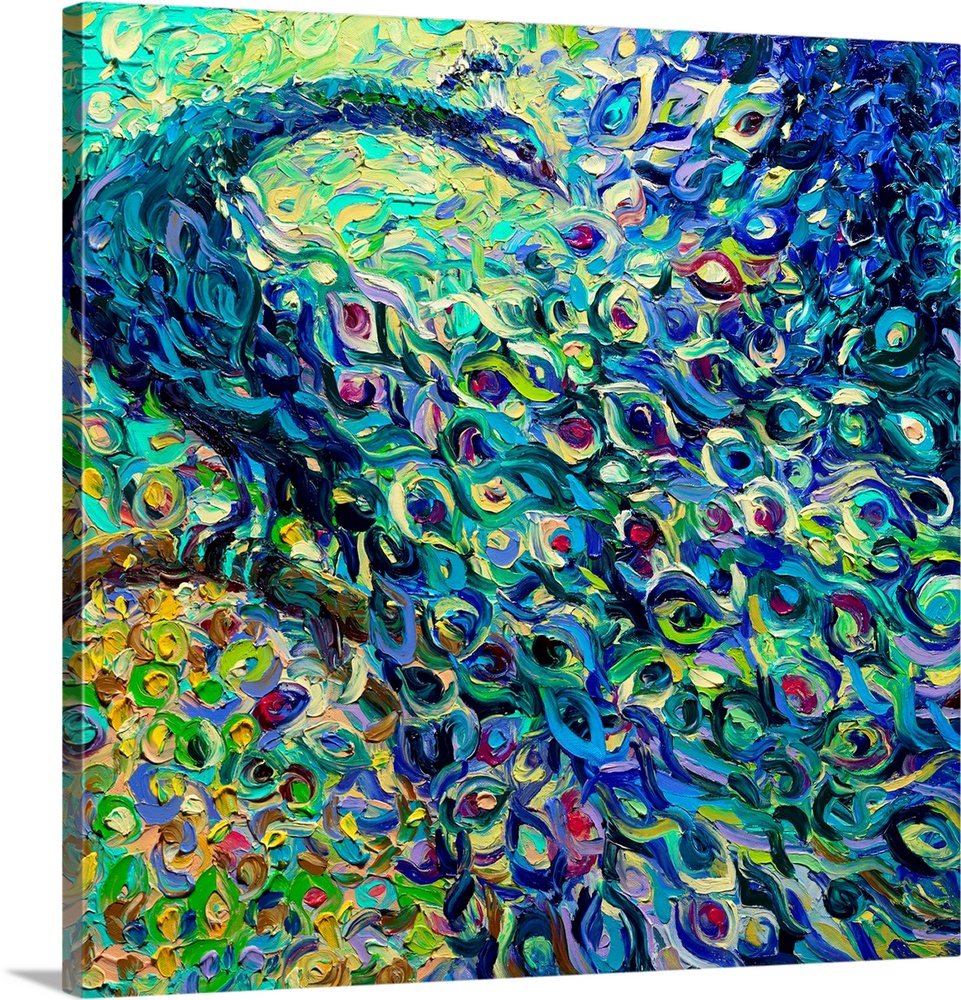 Brightly colored contemporary artwork of an abstract peacock.