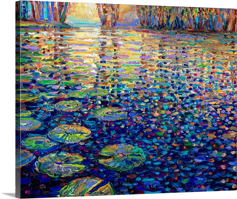 Brightly colored contemporary artwork of a pond covered in water lilies.
