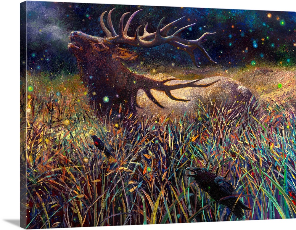 Brightly colored contemporary artwork of a stag in a field with black birds.