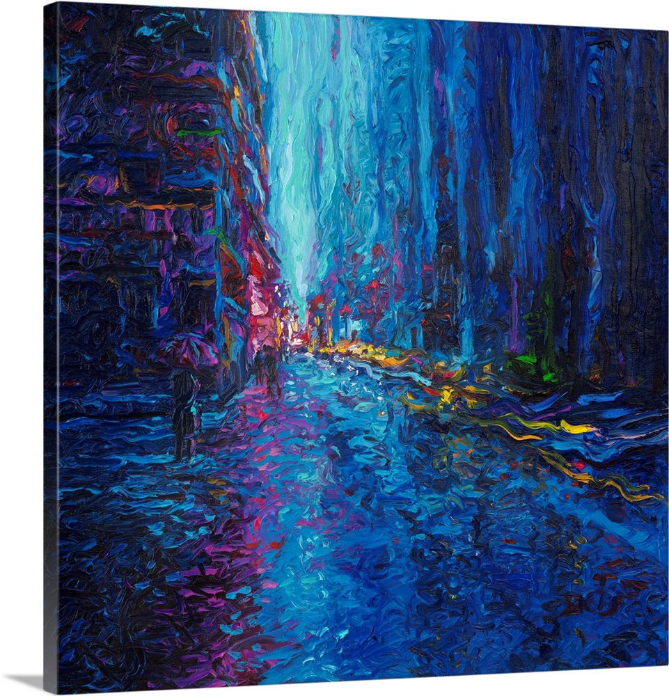 Brightly colored contemporary artwork of an abstract painting of a street.