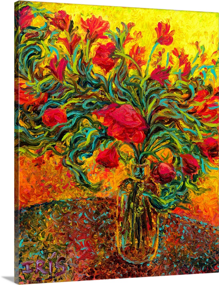 Brightly colored contemporary artwork of red flowers in a vase.