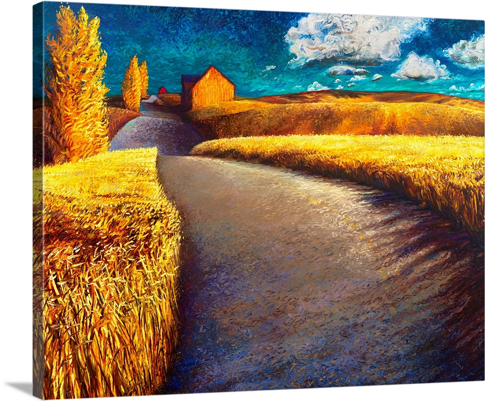 Brightly colored contemporary artwork of a house alongside a road with wheat on both sides.