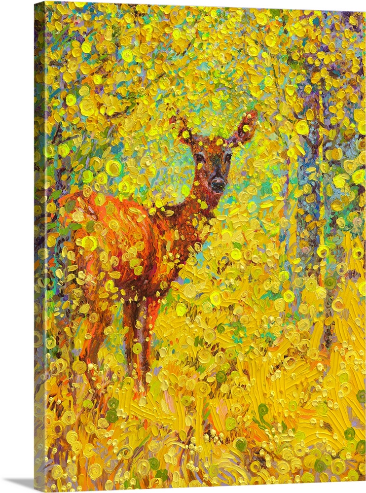 Brightly colored contemporary artwork of a deer in yellow trees.