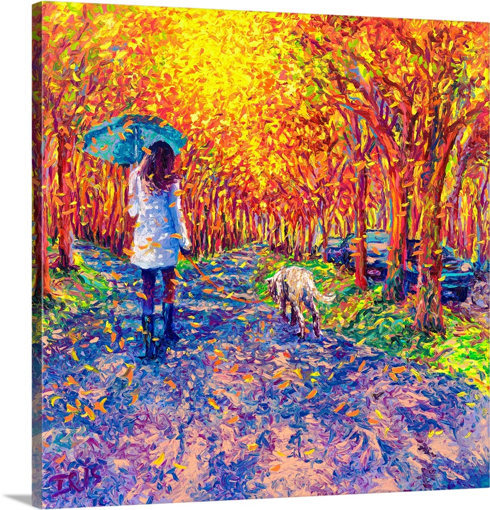 Brightly colored contemporary artwork of a woman in white walking a dog.