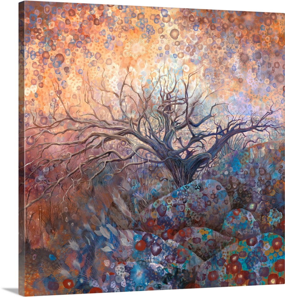 Brightly colored contemporary artwork of a single wychwood tree.