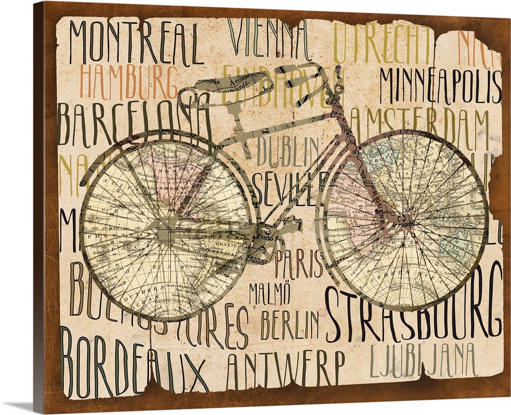 Illustration of a bicycle with names of cities surrounding it.