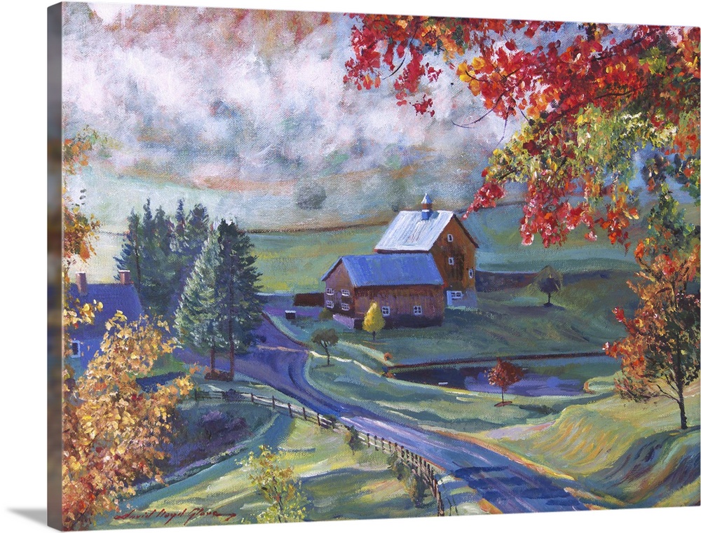 Landscape painting of a red barn in the countryside.