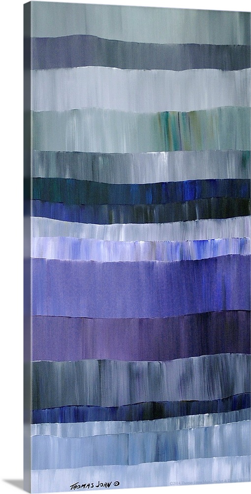 Abstract painting of horizontal layers in varying shades of grey and blue.