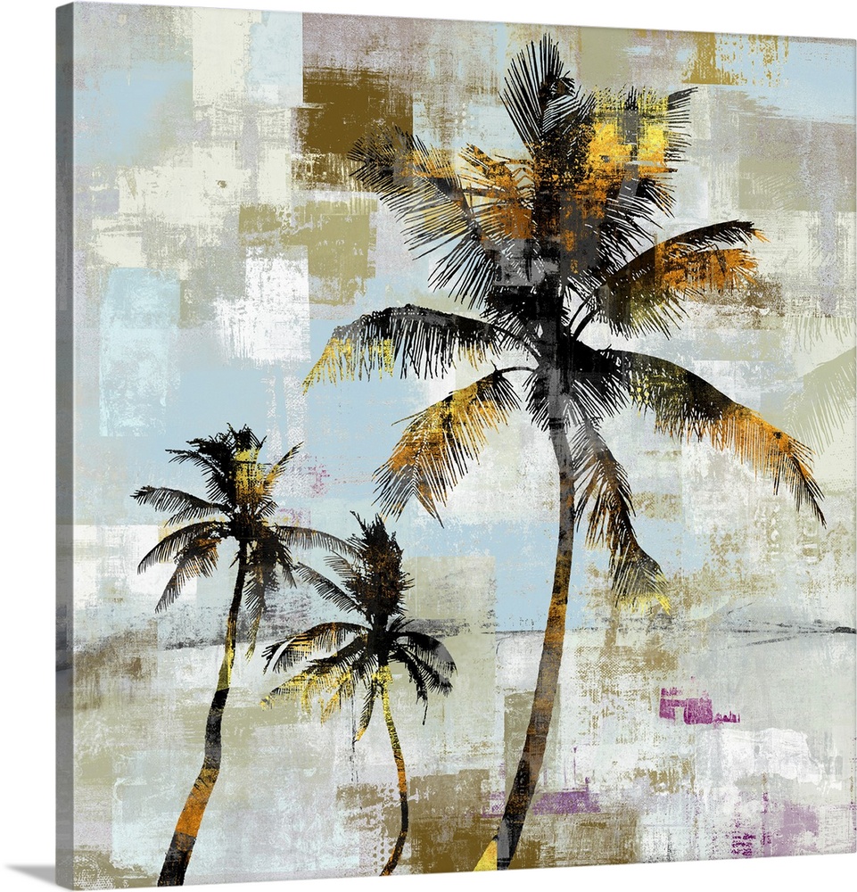 Artistic artwork of a group of black palm trees with gold accents and a background of varies colored patches.