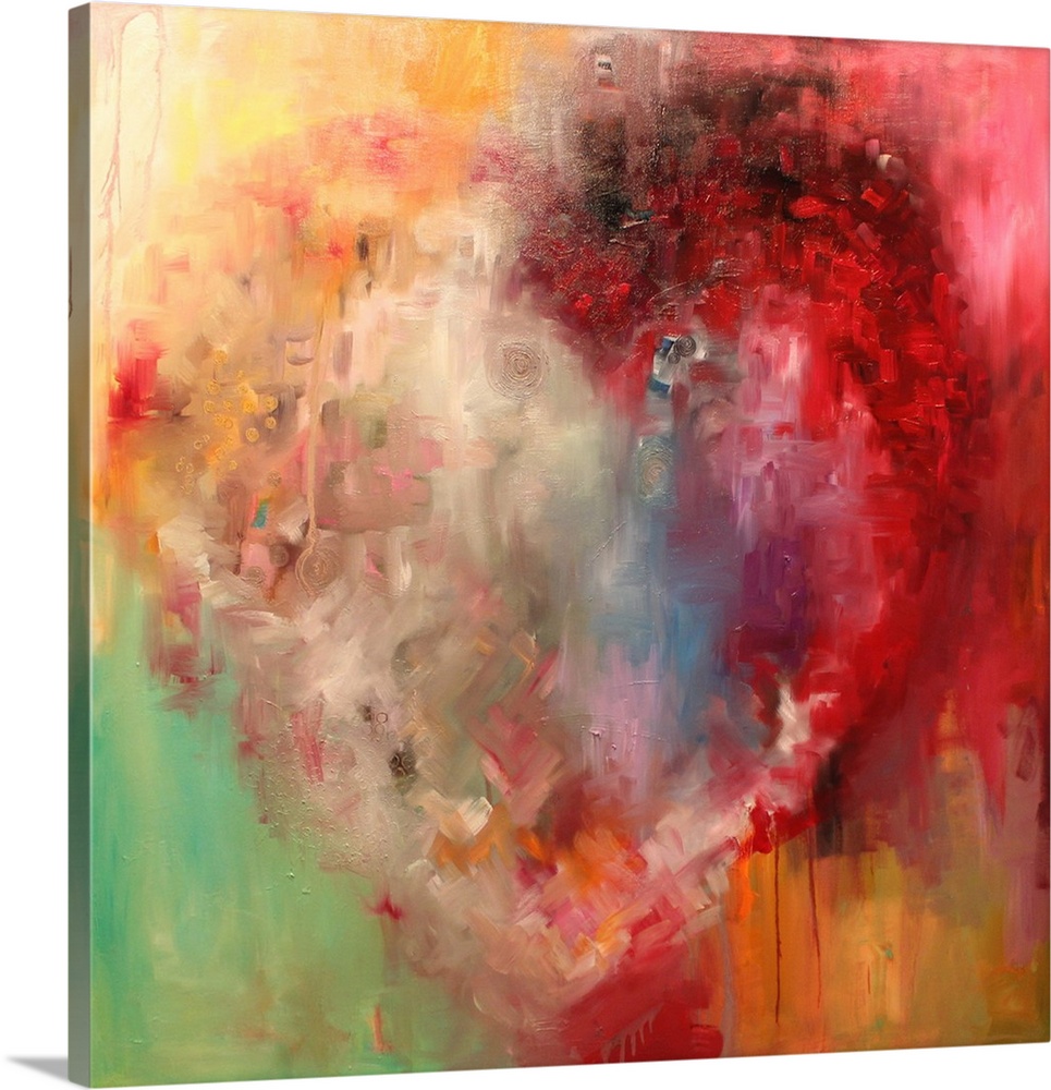 Abstract painting in red and yellow, with a vague heart shape.