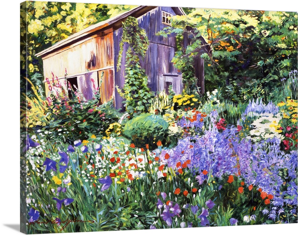 Painting of a garden in full bloom with a wooden shed hidden among the trees.