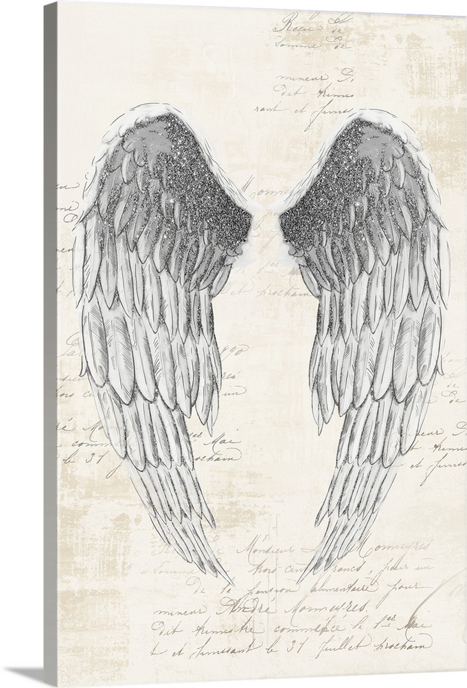 A vertical drawing of a pain of angel wings with metallic sliver accents on a neutral backdrop with handwritten text.