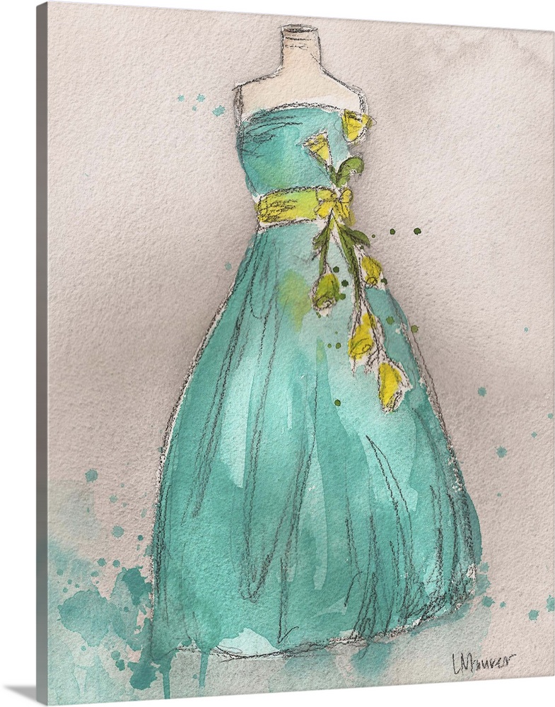 Watercolor painting of a turquoise dress on a dress form.