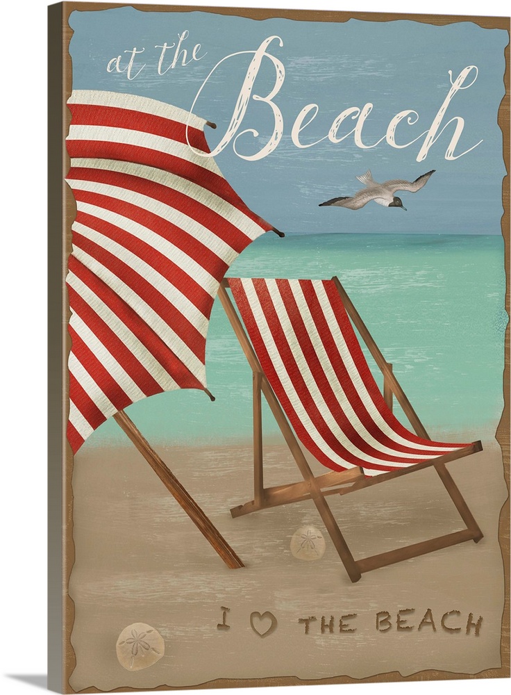 Illustration of a red and white striped beach chair and matching umbrella on the beach.