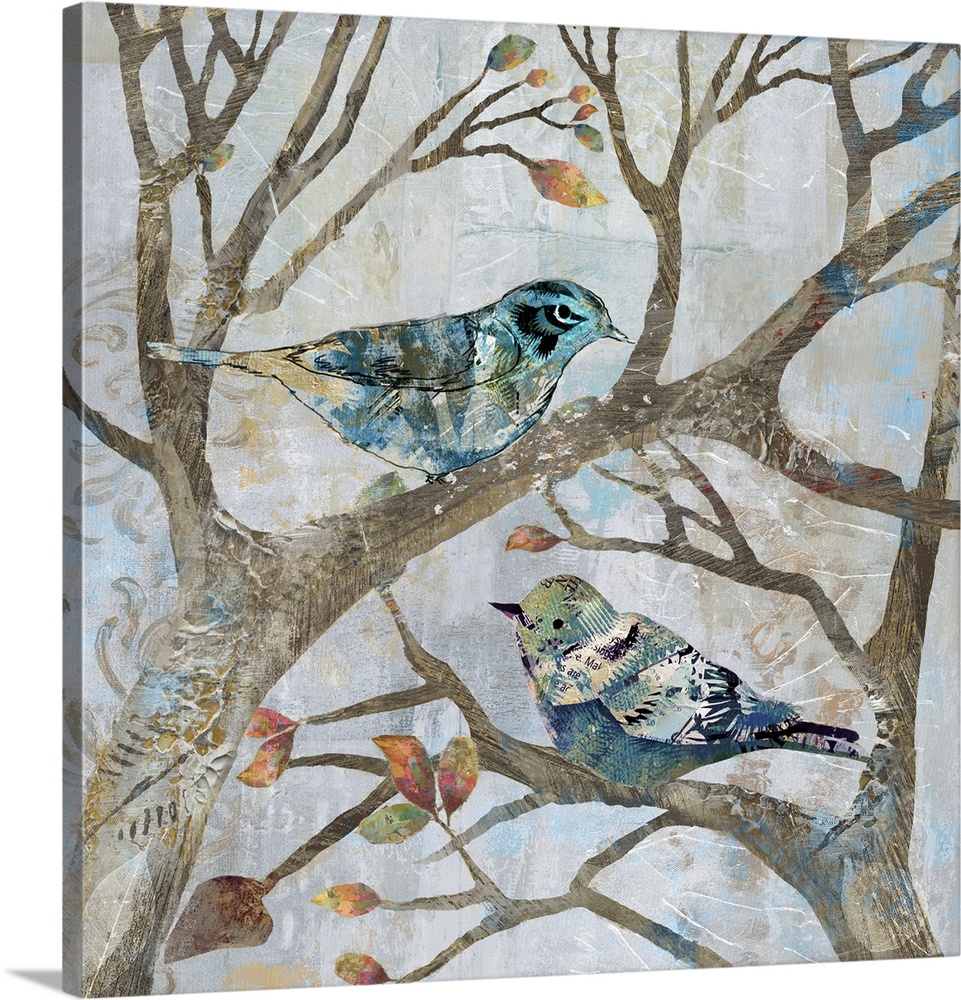 A mixed media painting of two birds perched on tree limbs with hints of printed text and gold accents.