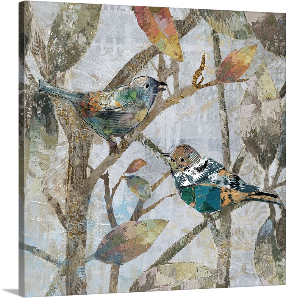 A mixed media painting of two birds perched on tree limbs with hints of printed text and gold accents.