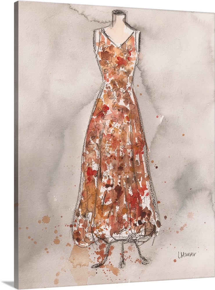 Watercolor painting of a floral patterned dress on a dress form.