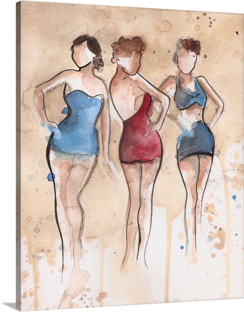 Watercolor painting of three women wearing bathing suits.