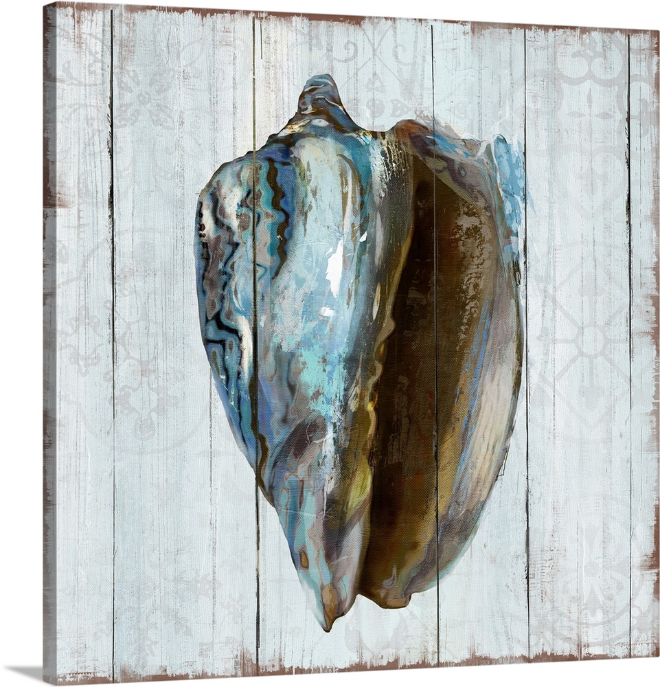A decorative image of a blue shaded shell on a white wood background with faded floral designs.