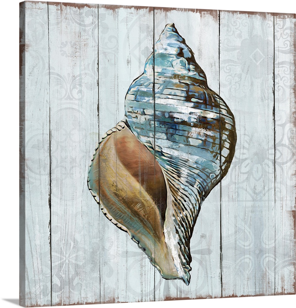 A decorative image of a blue shaded shell on a white wood background with faded floral designs.