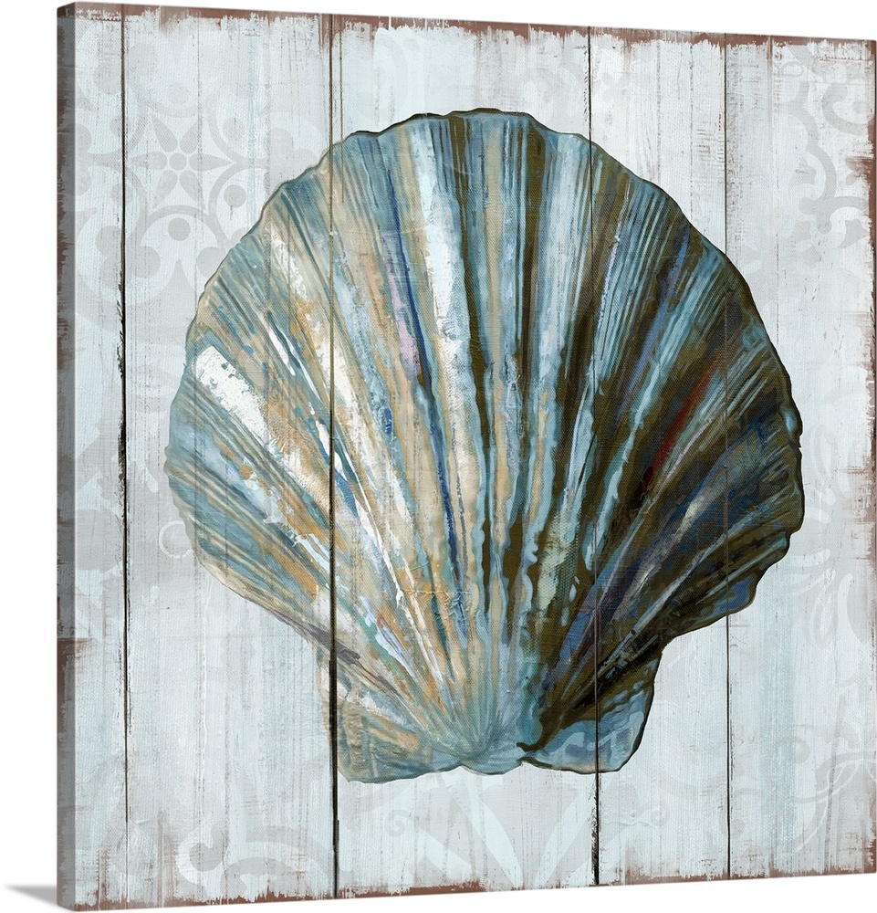 A decorative image of a blue shaded shell on a white wood background with faded floral designs.