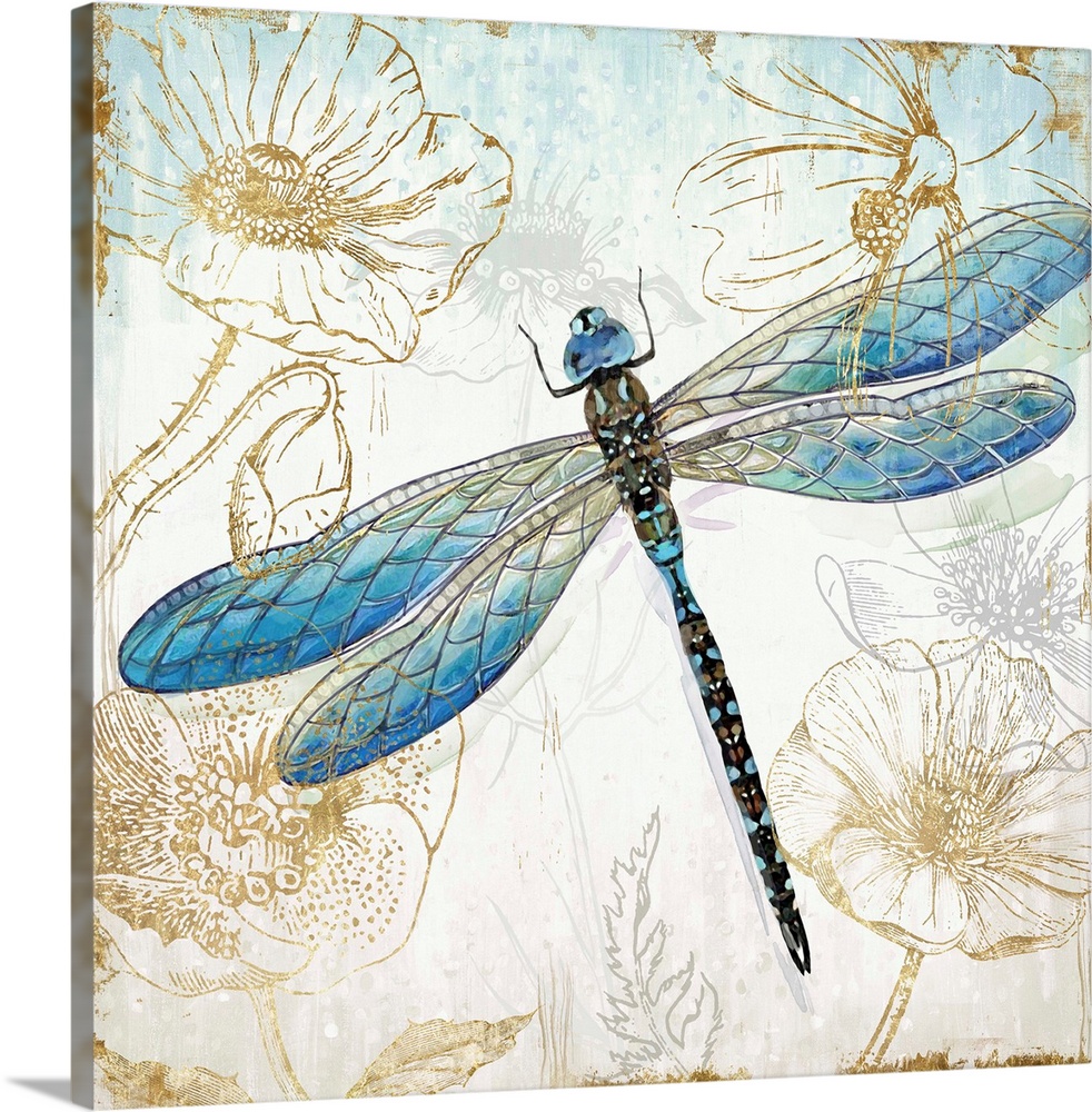 A decorative watercolor dragonfly in shades of blue and green on a floral metallic gold design.
