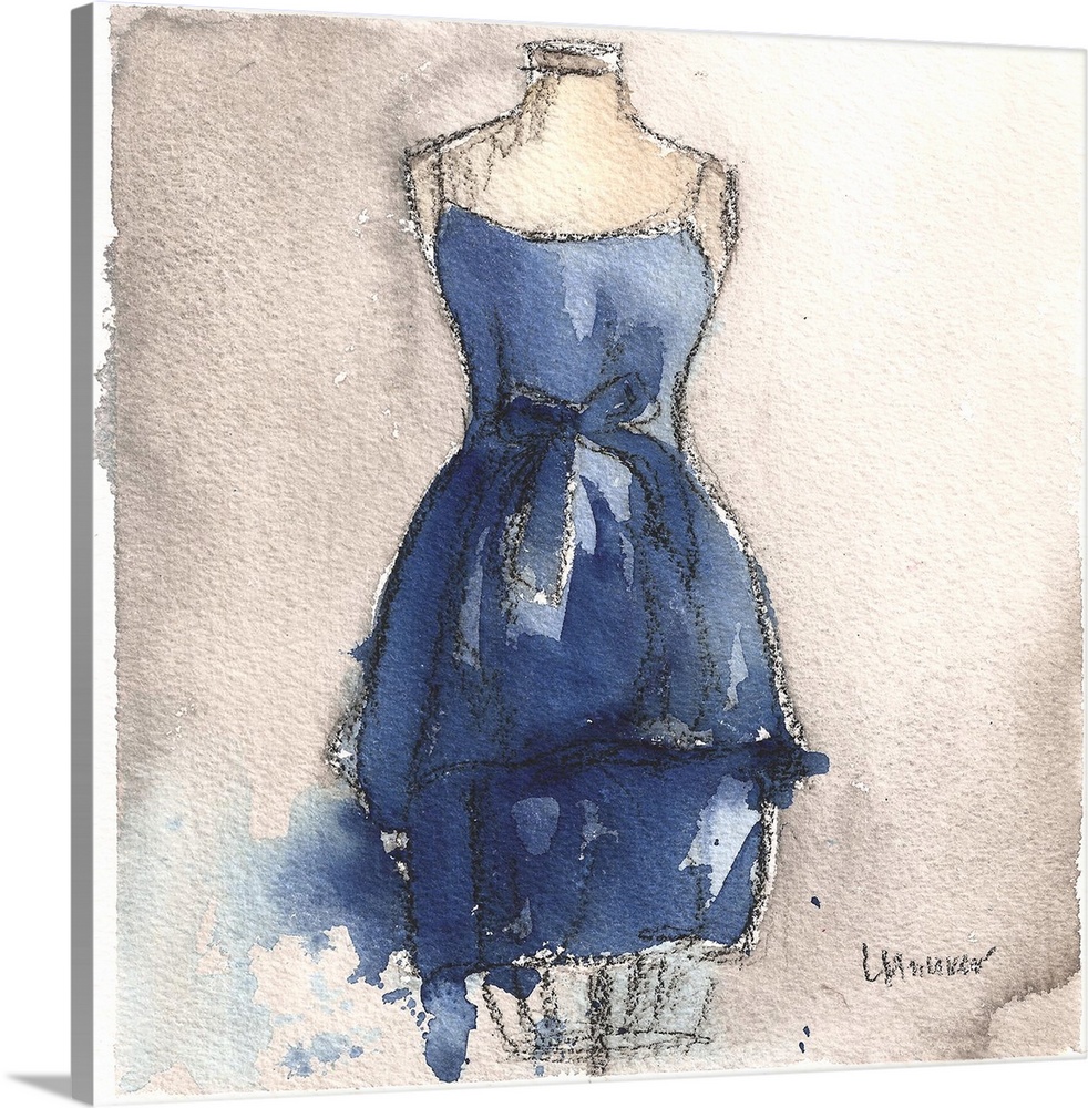 Watercolor painting of a blue dress on a dress form.