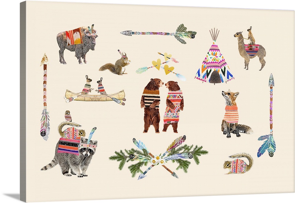 Illustration of a variety of woodland creatures wearing sweaters on a linen background.