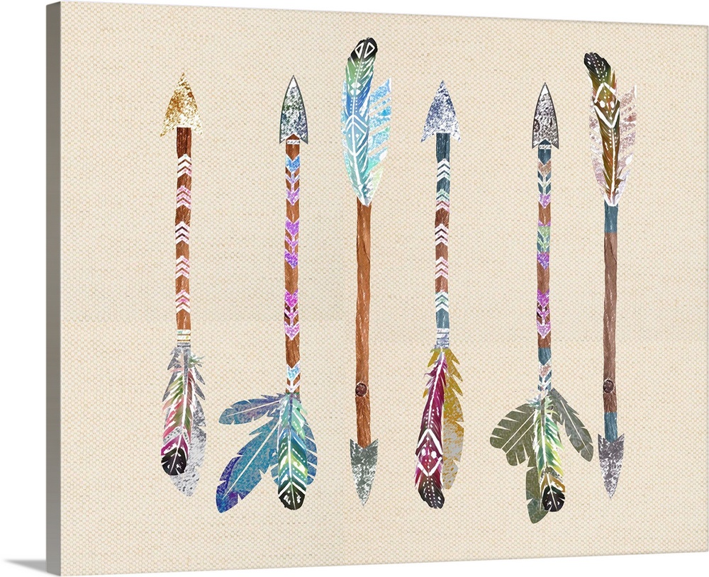 Illustration of a row of colorful arrows with feathers on a linen background.