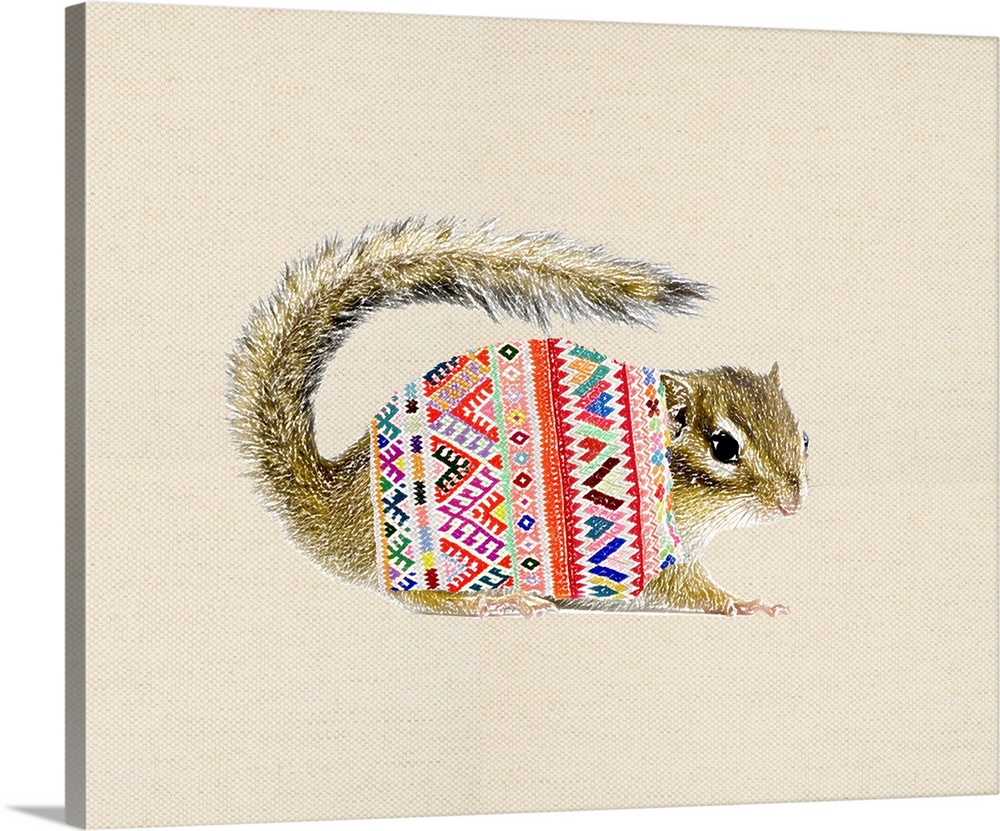 Illustration of a chipmunk wearing a sweater on a linen background.