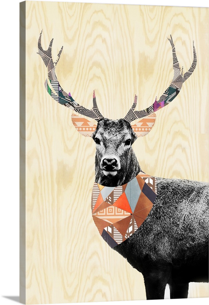 A deer embellished with folk patterns, on a woodgrain background.