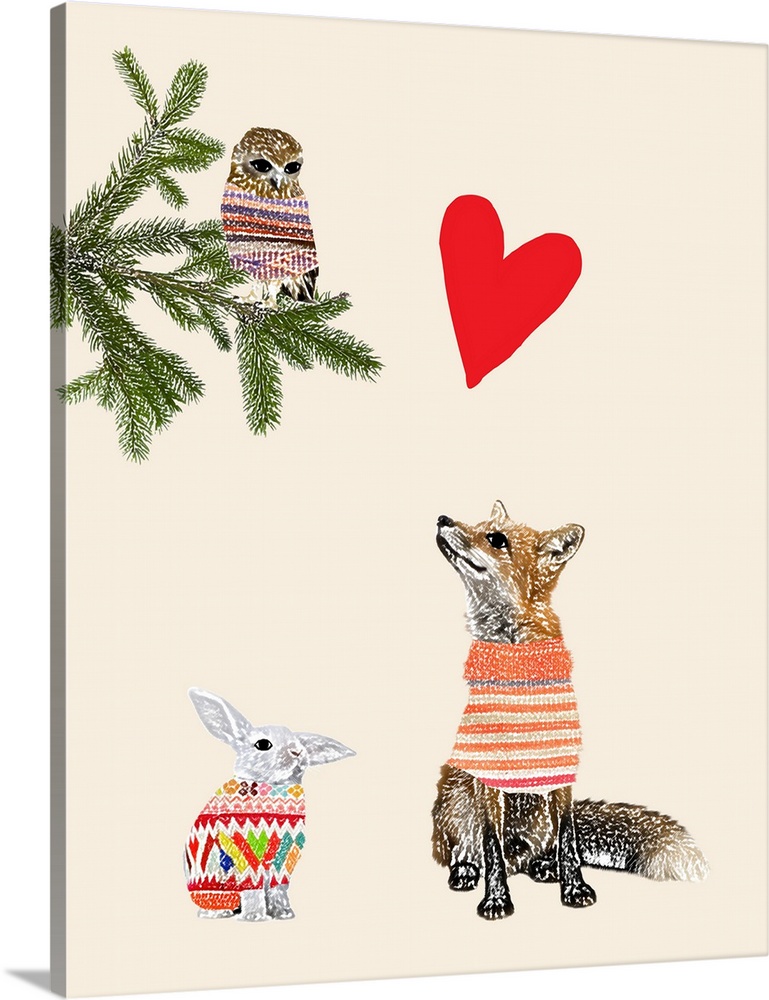 Illustration of a fox, rabbit and owl wearing sweaters, and a red heart above.