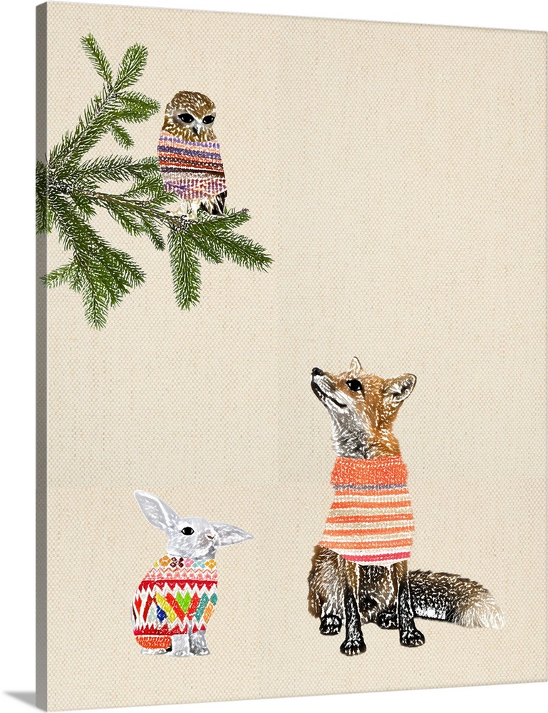 Illustration of a fox, rabbit and owl wearing sweaters on a linen background.