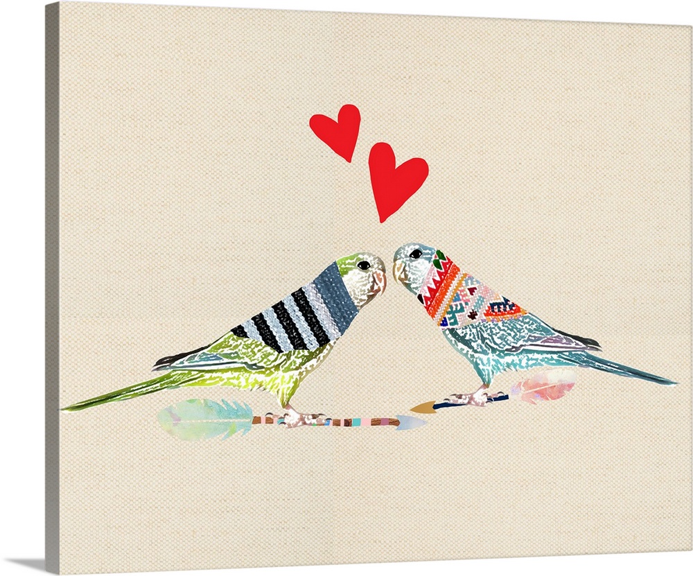 Illustration of two birds perched on arrows, wearing sweaters and red hearts above them on a linen background.