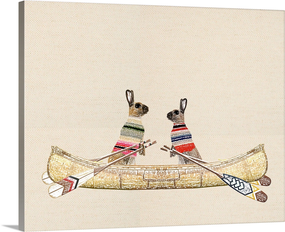 Illustration of tow rabbits wearing sweaters in a canoe on a linen background.