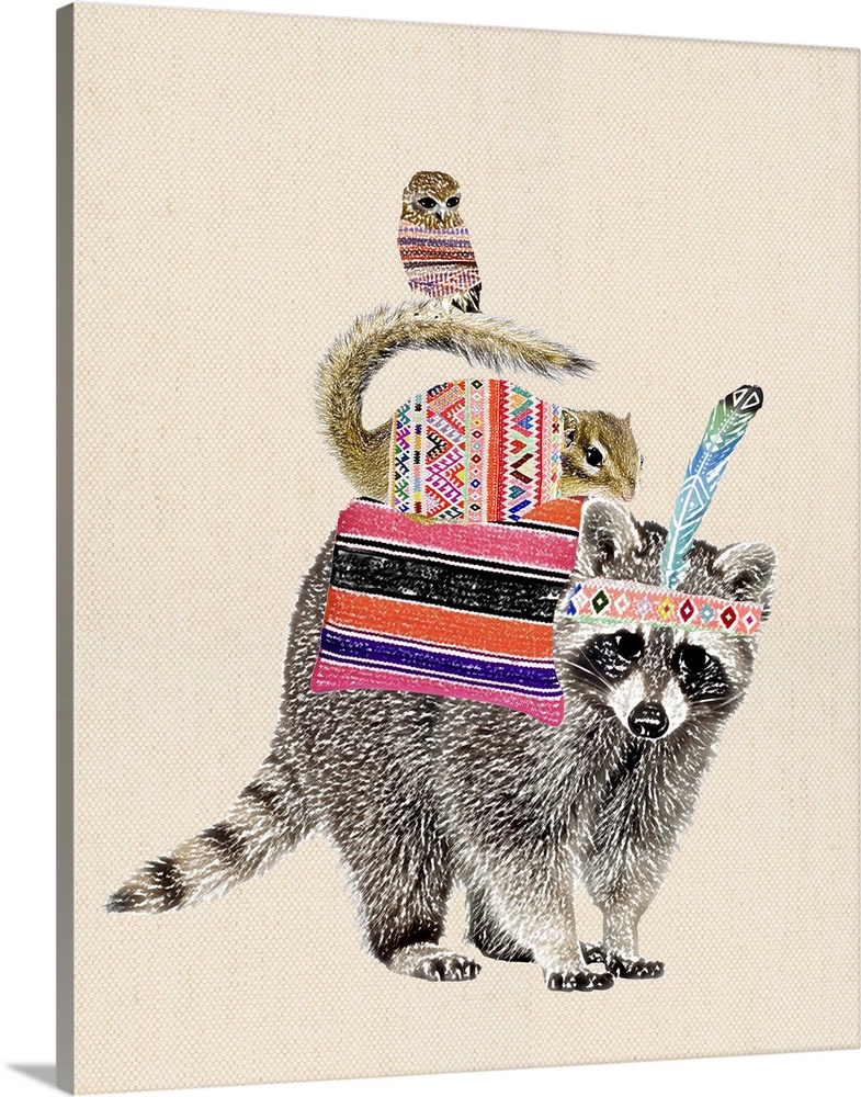 Illustration of a chipmunk and owl riding the back of a raccoon on a linen background.