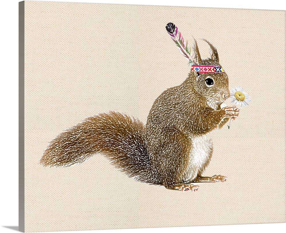 Illustration of a squirrel wearing a headband and feather while holding a daisy on a linen background.