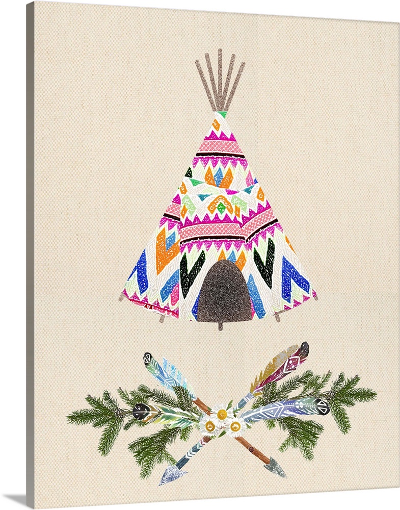 Illustration of a colorful tepee in pink shades on a linen background.
