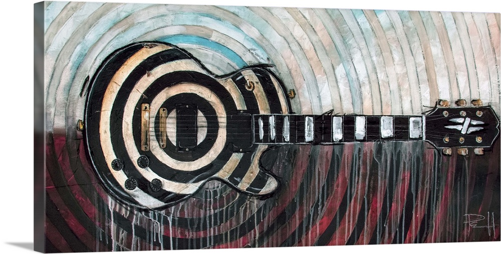 Painting of a black and white electric guitar on an abstract background.