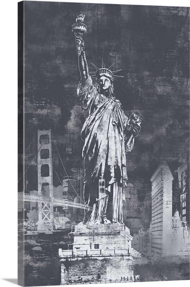 A large decorative image of the Statue of Liberty and other New York landmarks behind it, done in a distressed gray finish.