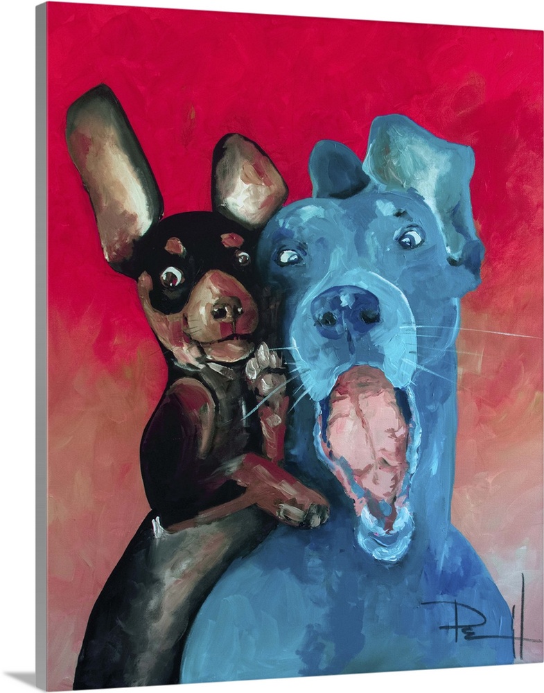 Painting of two dogs with floppy ears and funny expressions.