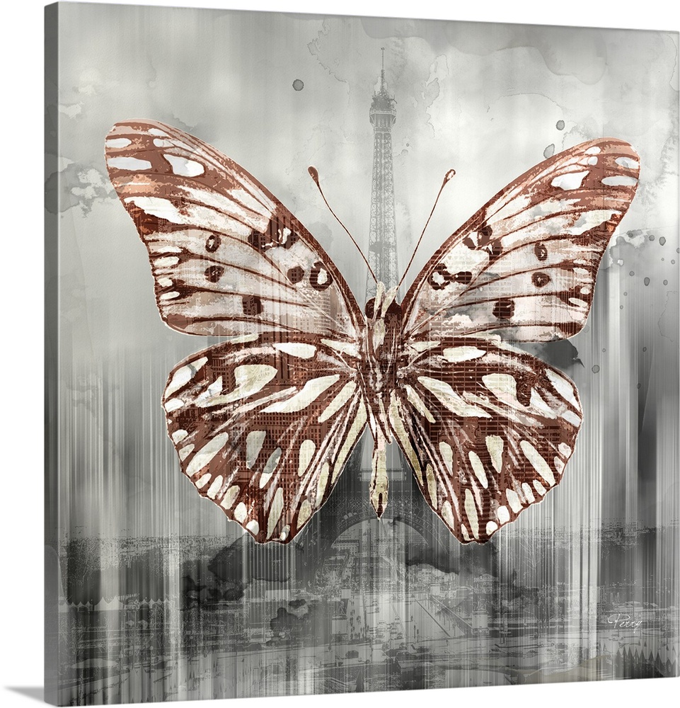 Creative artwork of a white and brown butterfly over a faded image of the Eiffel Tower in gray streaks and spots.