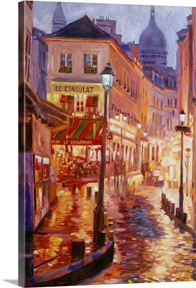 Painting of a European city street glowing from the street lights at night.