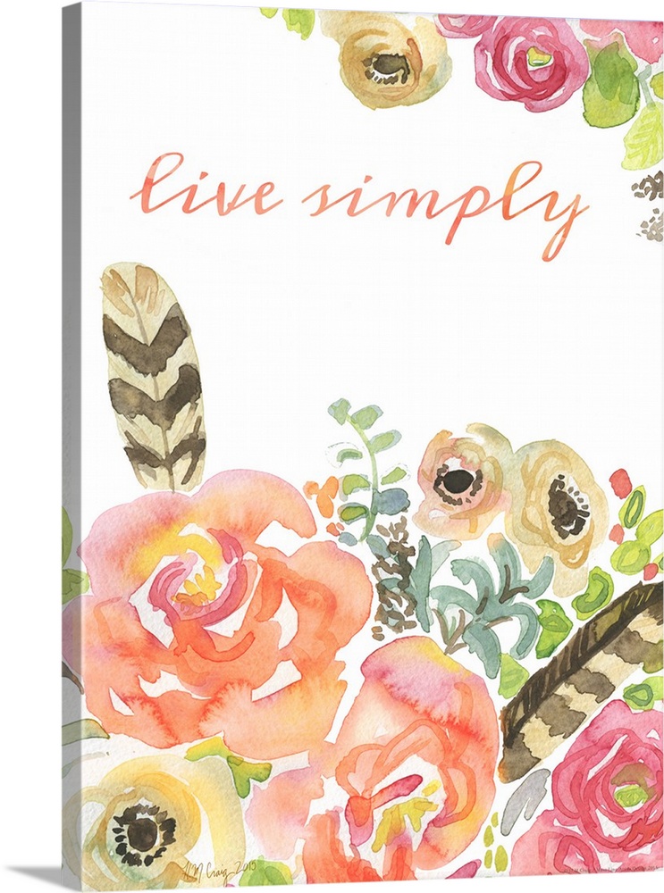 Inspirational sentiment with watercolor flowers and striped feathers.